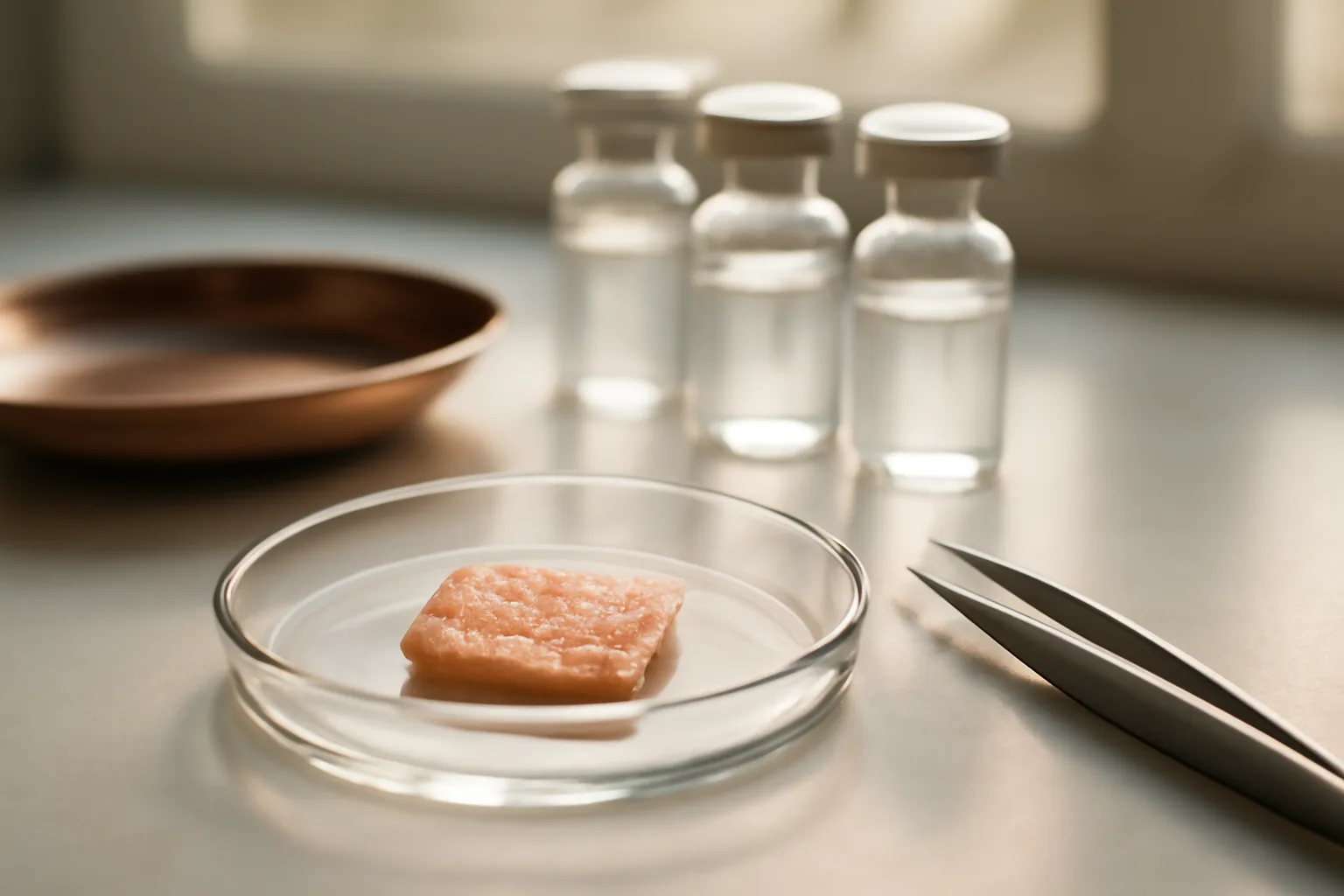 Lab bench with serum vials and copper dish comparing matrixyl 3000 vs copper peptides research