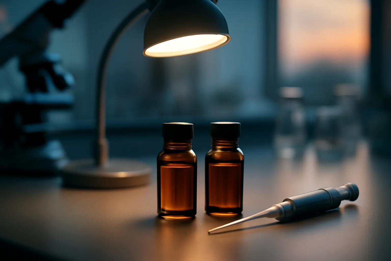 Two unlabeled amber vials on a lab bench representing matrixyl vs copper peptides research