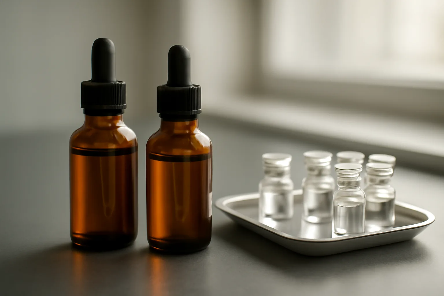Two dropper serum bottles beside glass vials on a lab bench, comparing peptide formulations