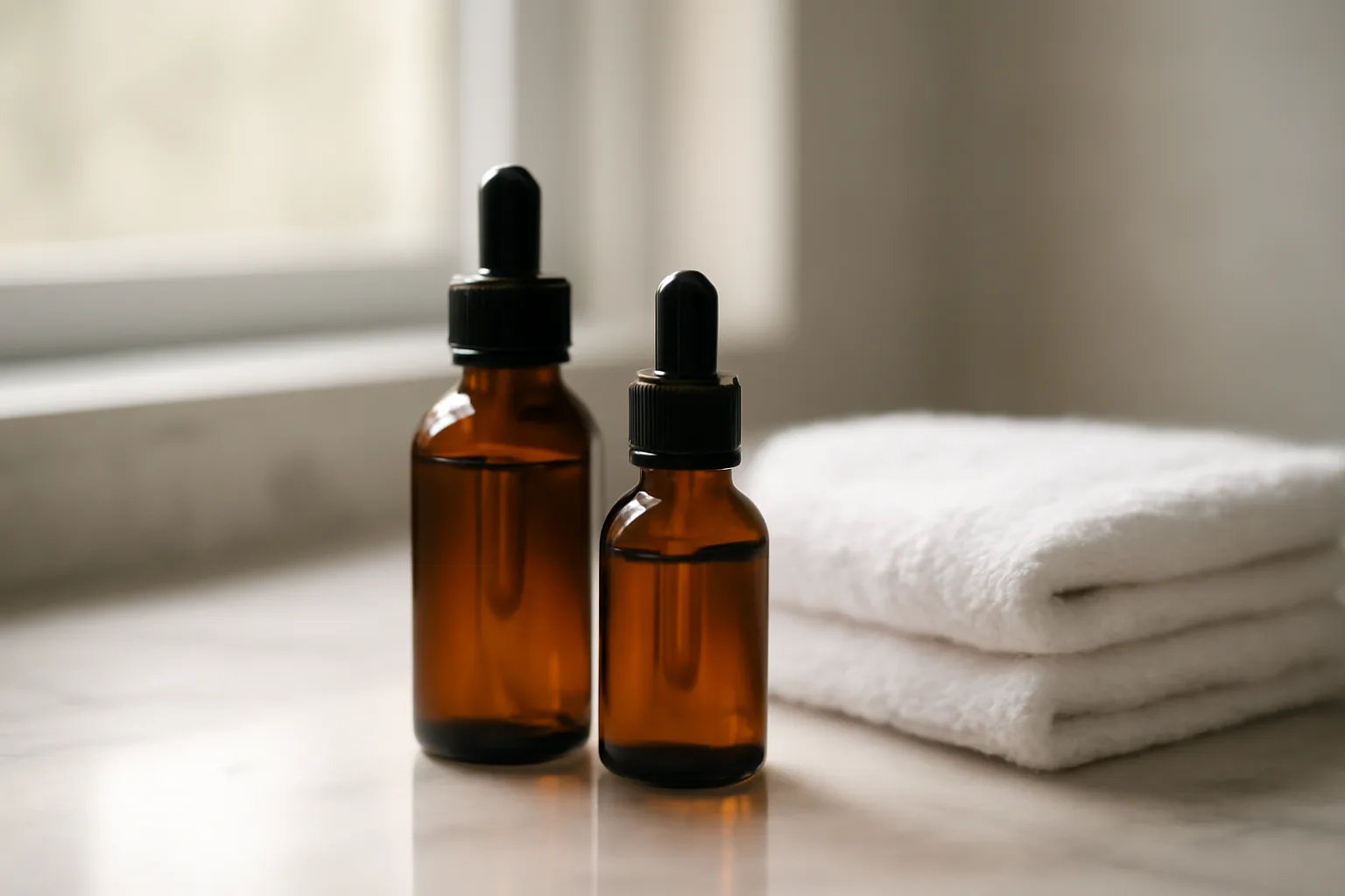 Two unlabeled serum dropper bottles on a bathroom counter in morning light
