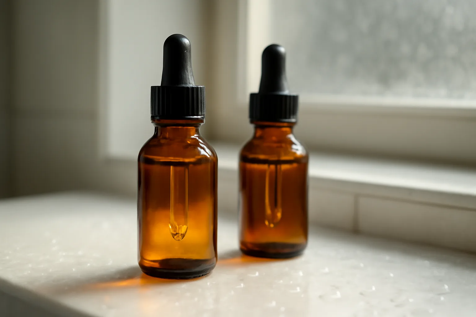 Two unlabeled serum dropper bottles on a bathroom shelf in morning light