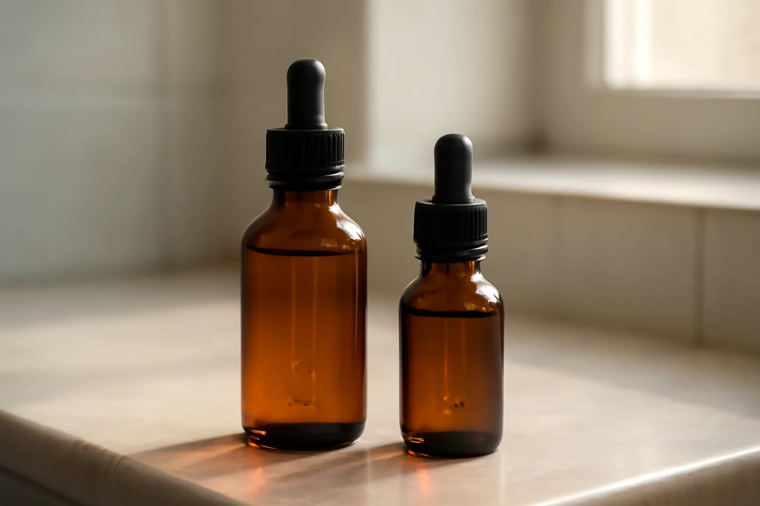 Two unlabeled amber dropper bottles representing niod vs the ordinary copper peptides comparison