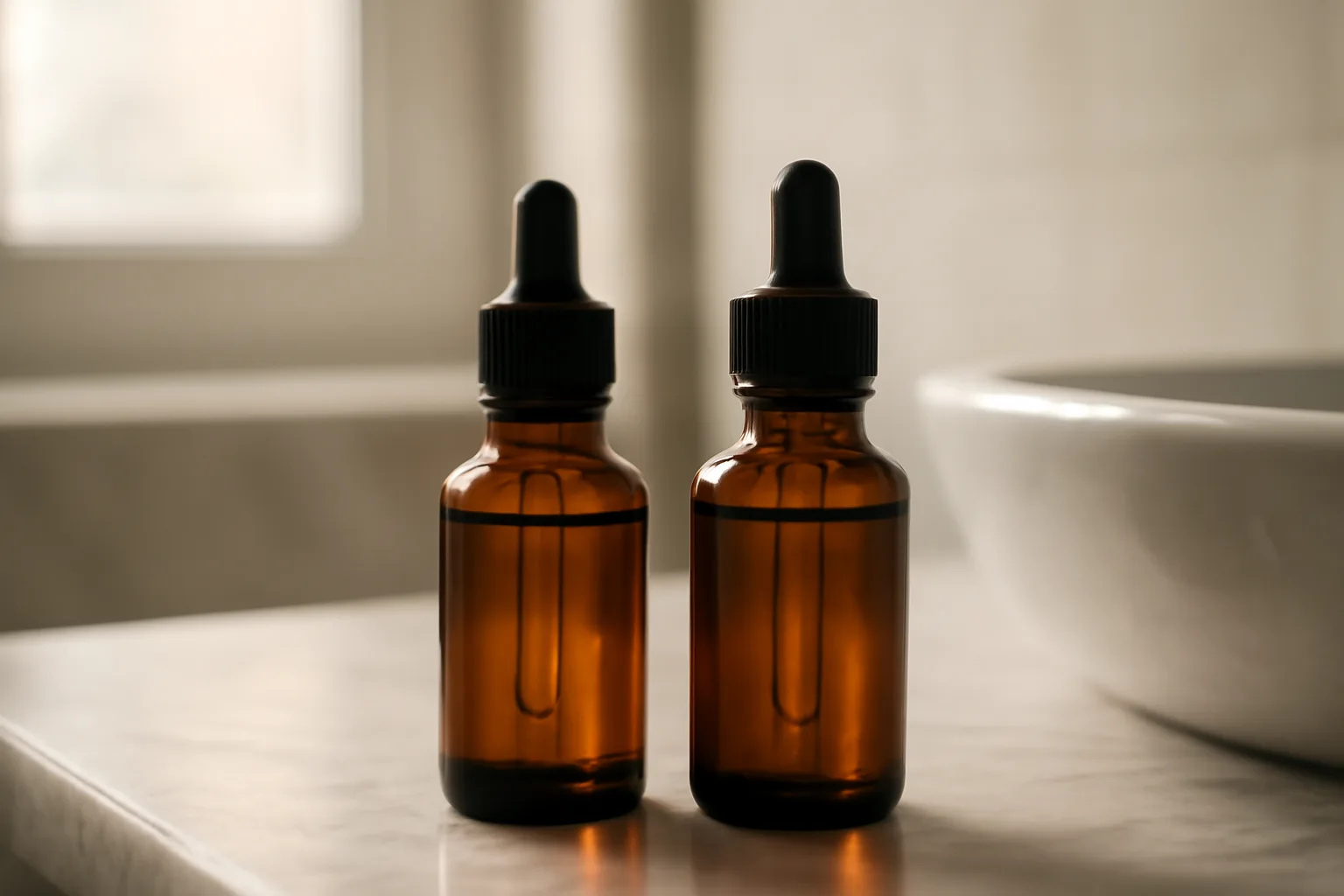 Two unlabeled serum dropper bottles compared side by side on a counter