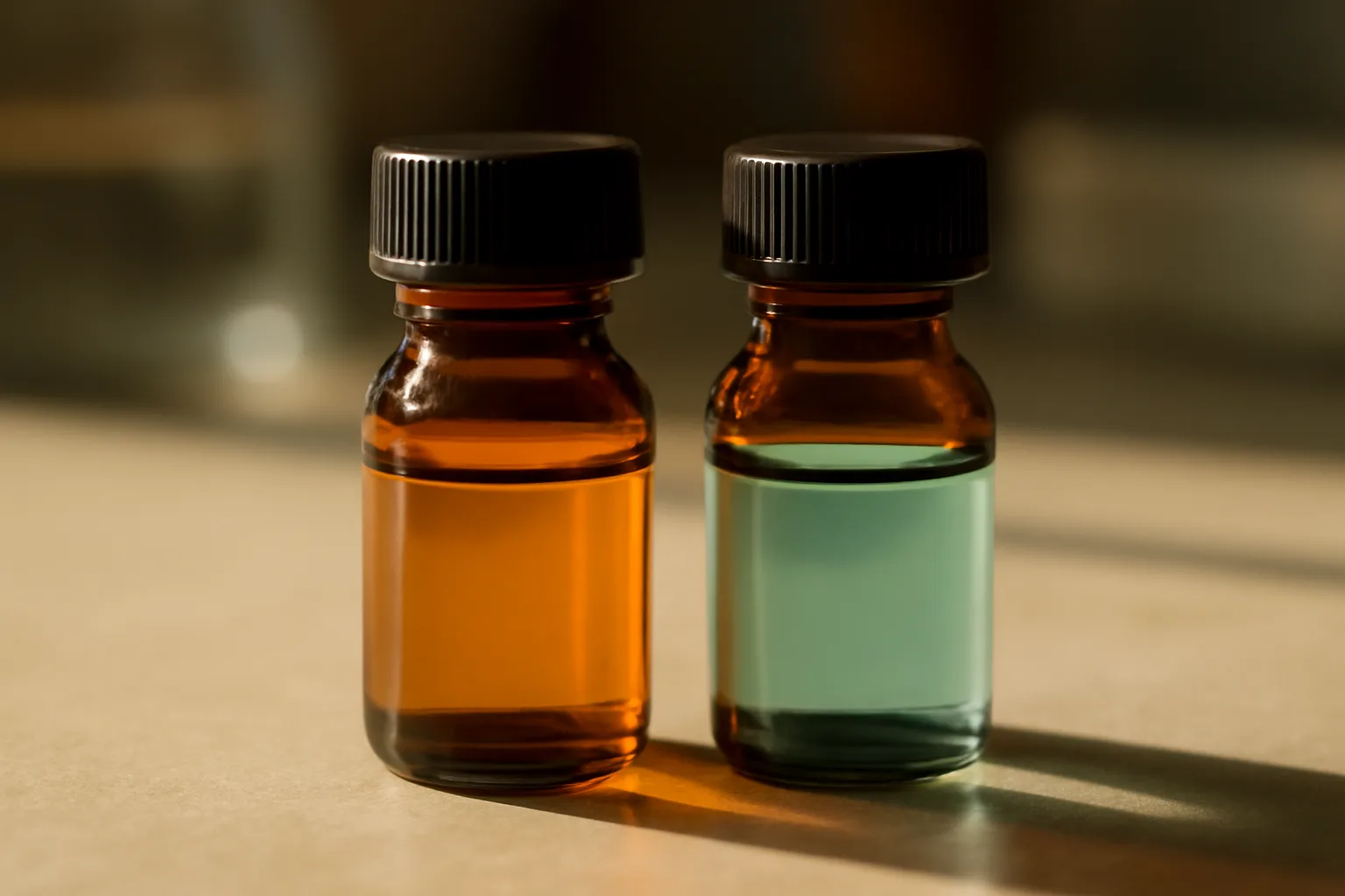 Two amber vials on a lab bench comparing plain peptide and copper peptide solutions