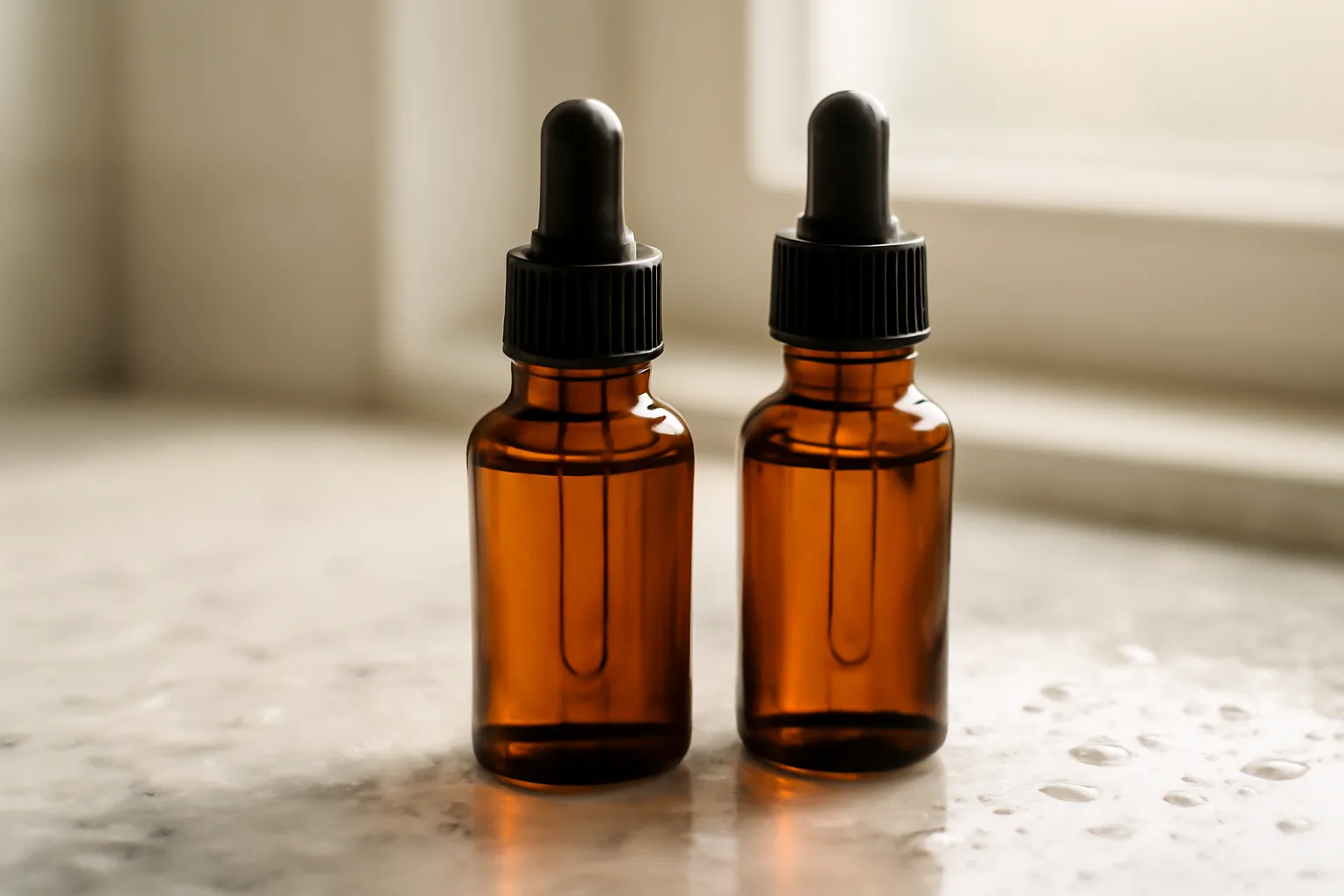 Two unlabeled amber dropper bottles on a counter representing retinol versus copper peptide skincare