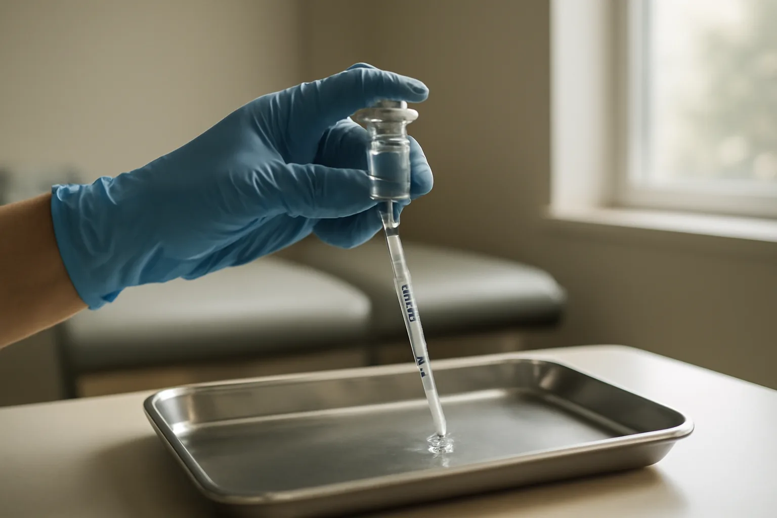 Gloved hands preparing a syringe and vial for a subcutaneous injection in a clinic