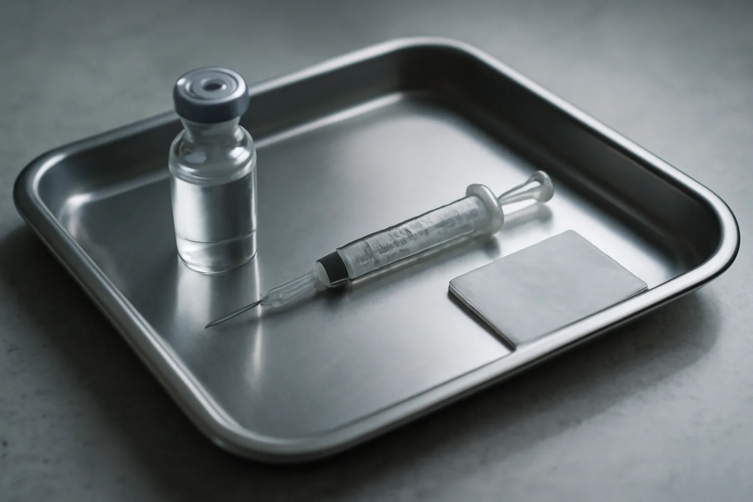 Sterile tray with vial and syringe representing injectable peptide preparation setting