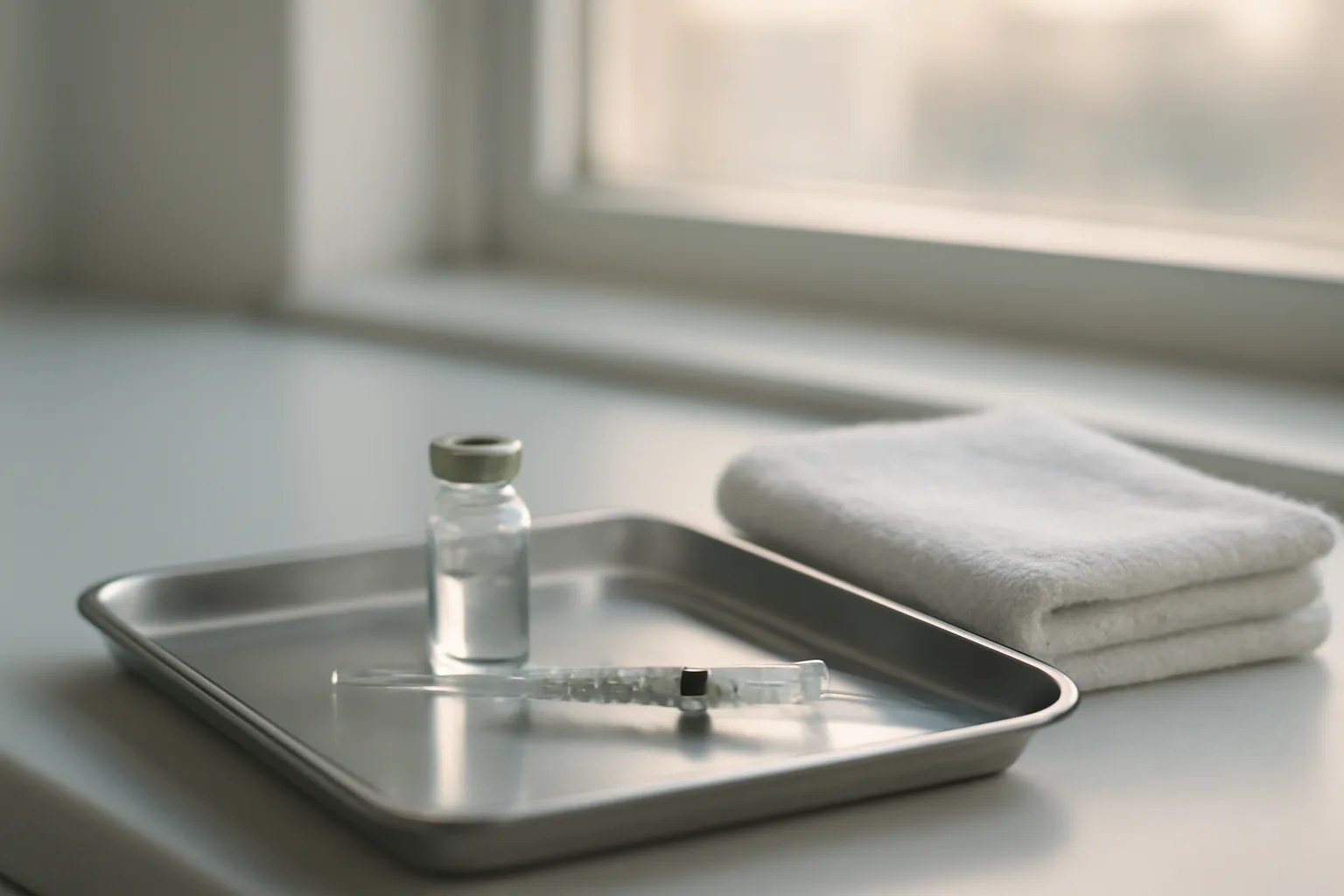 Syringe and vial on a clinic tray in soft morning light