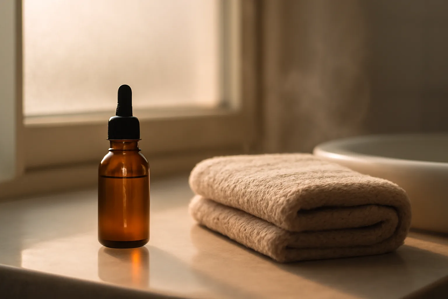 Amber dropper bottle on a bathroom counter in early morning light, evoking GHK-Cu peptide timing