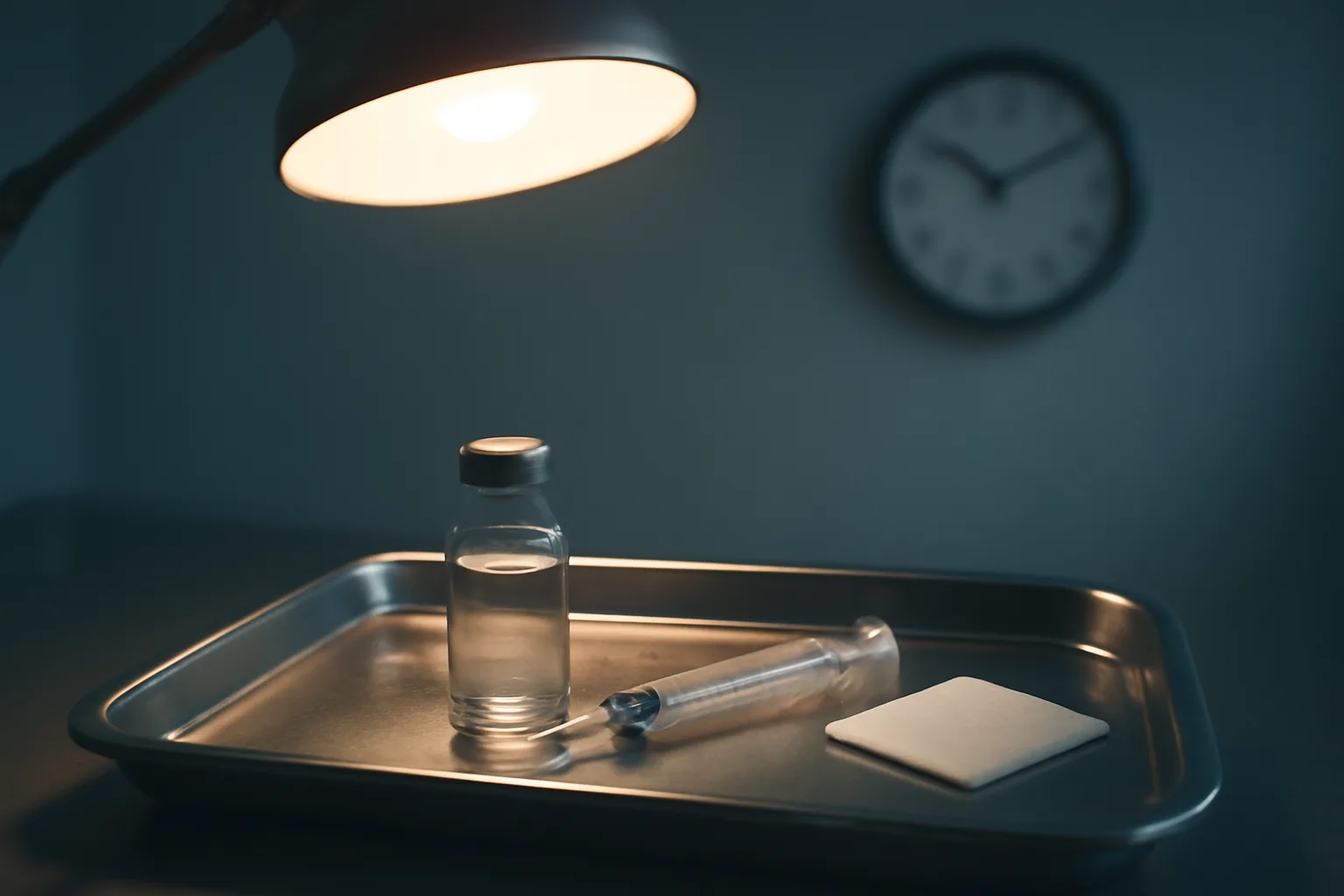 Vial and syringe on a clinical tray with a wall clock in the background