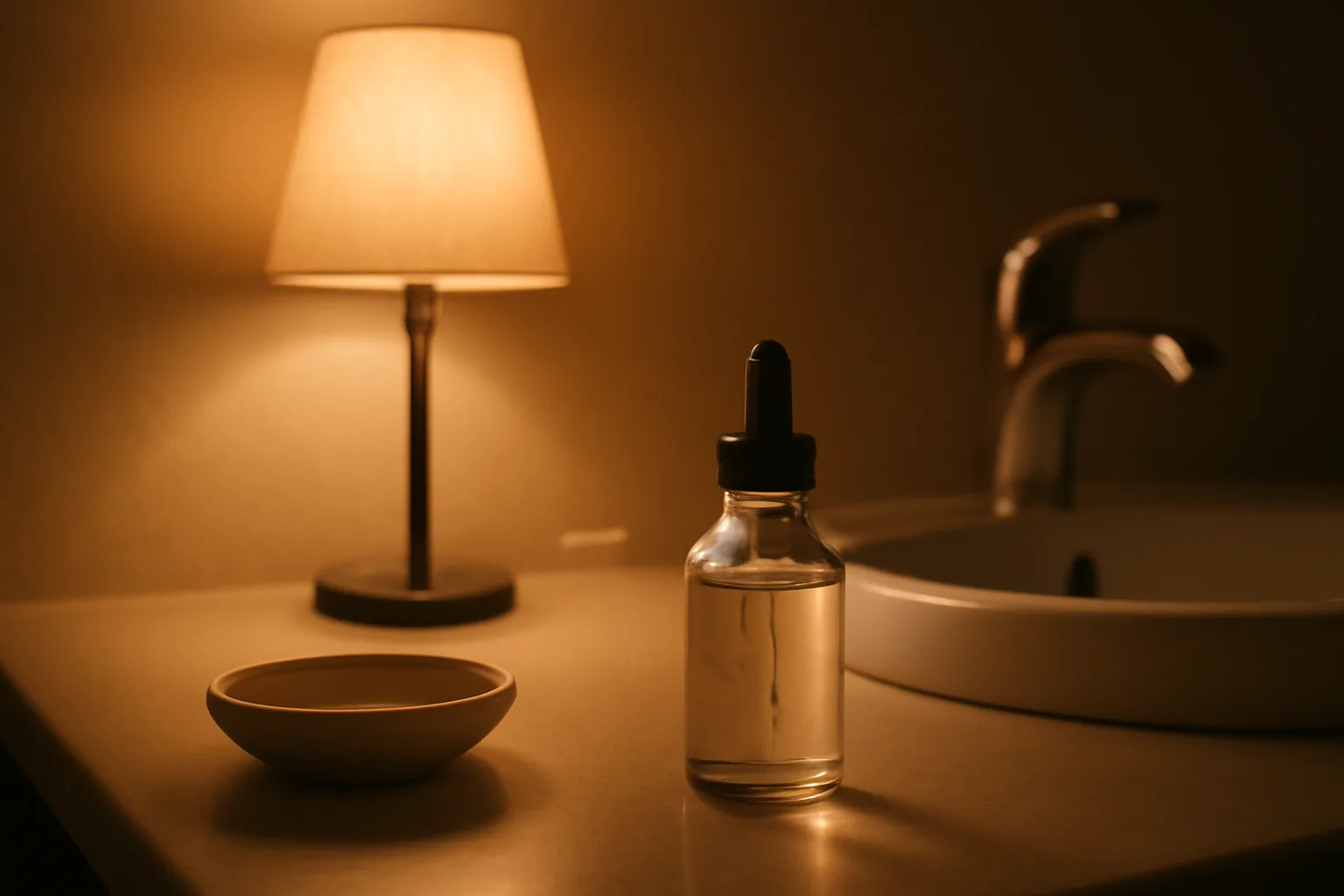 Nighttime bathroom counter scene representing when to use copper peptide serum