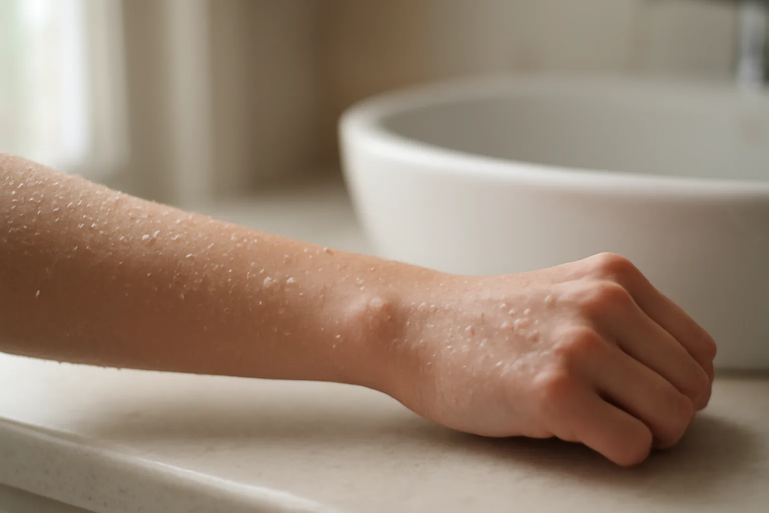 Clean damp skin on morning bathroom counter under natural window light
