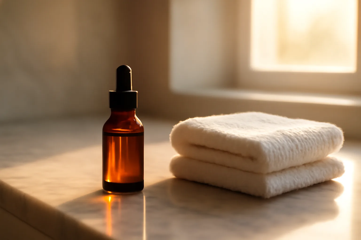 Amber dropper bottle on bathroom counter in morning light, copper peptides am or pm routine