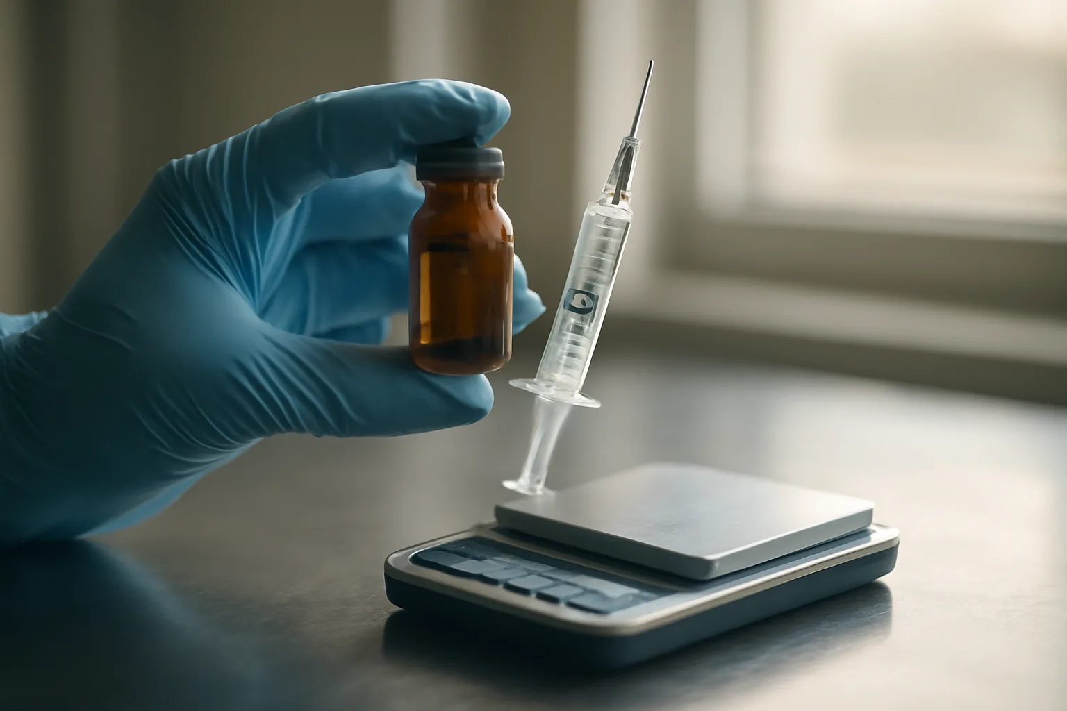 Gloved hand measuring peptide solution with syringe and vial on lab bench