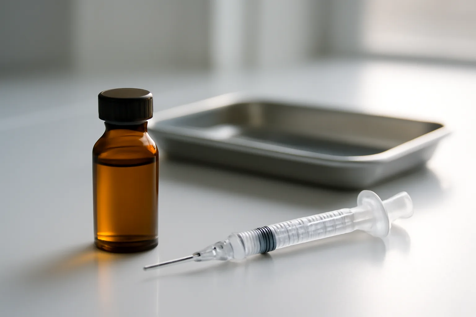 Amber glass vial and syringe on a lab tray representing GHK-Cu dosage research
