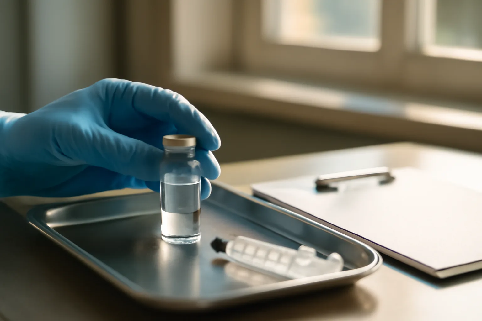 gloved hands preparing a vial and syringe on a clinic tray