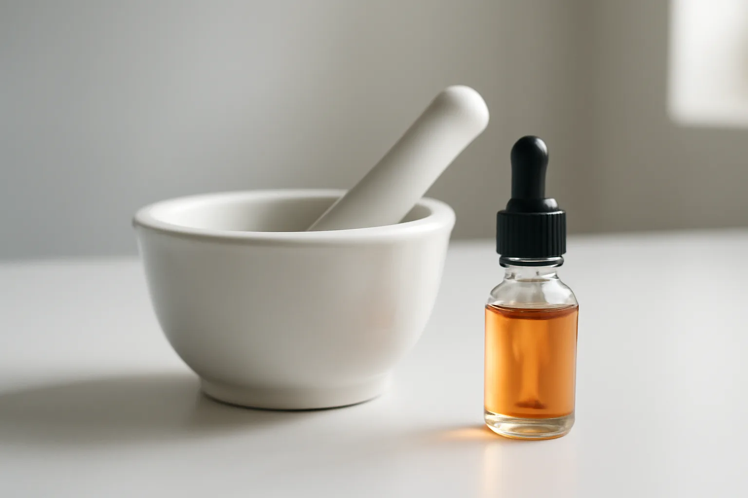 Mortar and pestle with dropper bottle on clean lab bench for copper peptide formulation