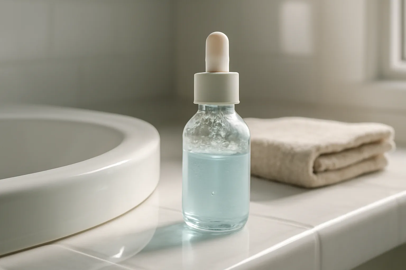 Glass serum dropper bottle on clean bathroom counter in morning light