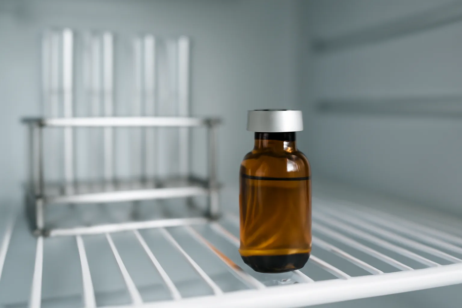 Amber vial of GHK-Cu peptide stored on refrigerator shelf for cold storage