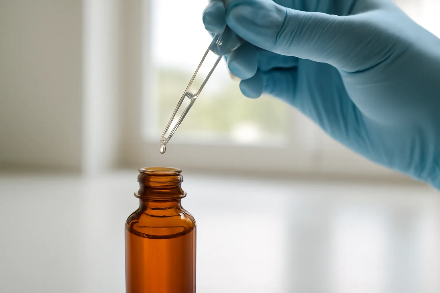Researcher pipetting copper peptide serum into amber dropper bottle in laboratory