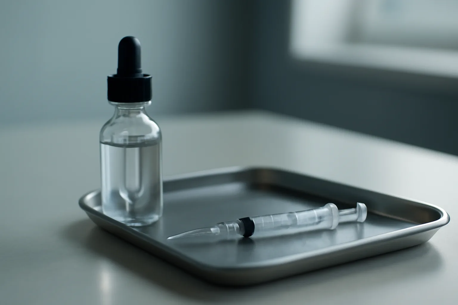 Dropper bottle and capped syringe on a clinical counter representing topical versus injectable GHK-Cu routes