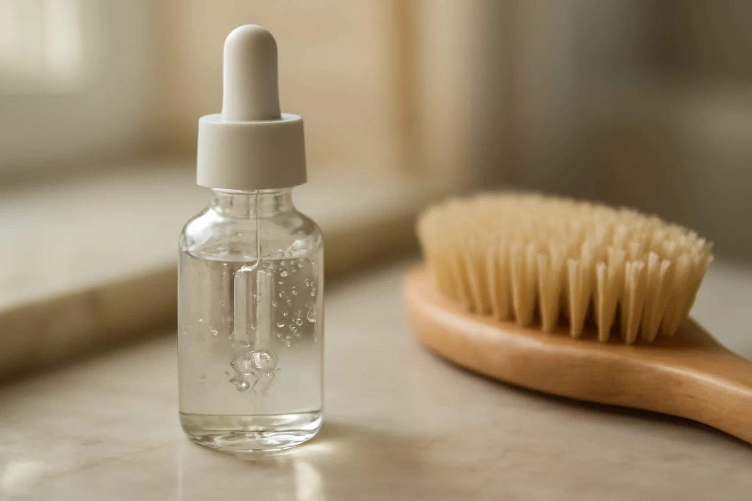 Dropper bottle of serum and hairbrush on a sunlit bathroom counter