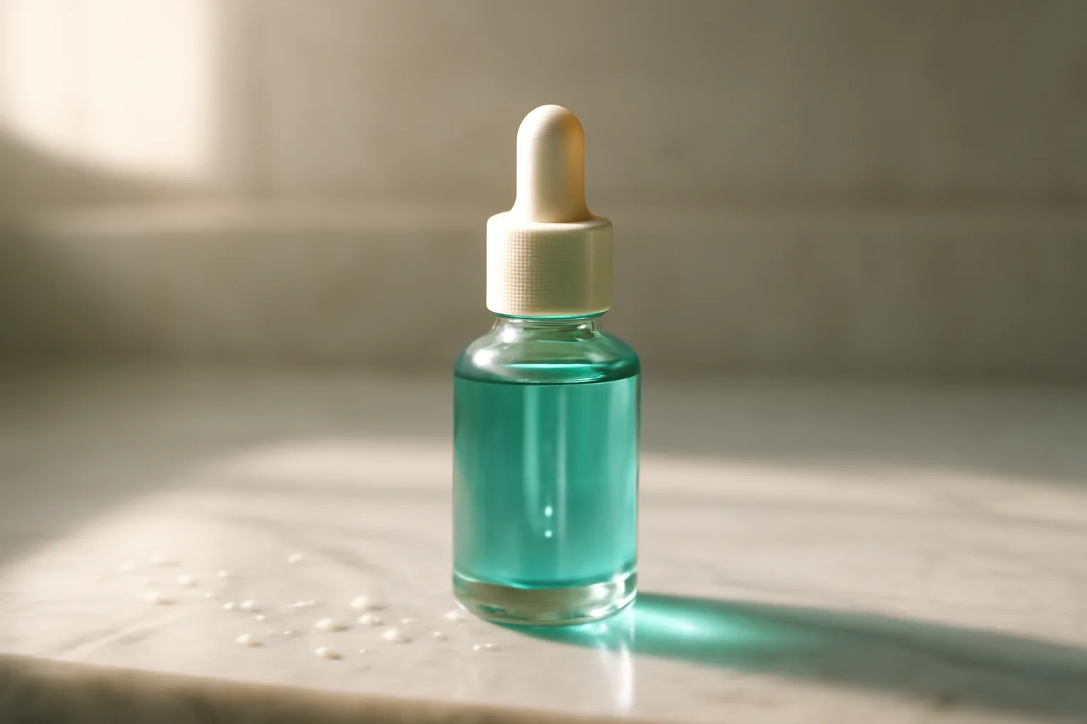 dropper bottle of blue-green copper peptide serum on a bathroom counter