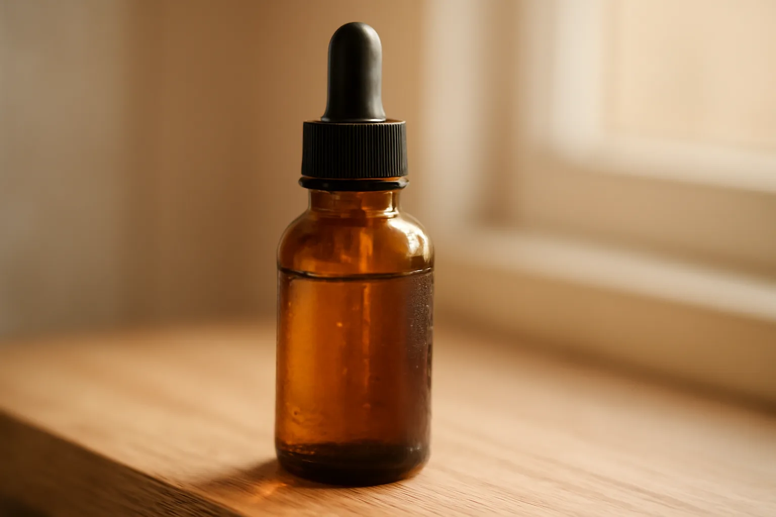 Amber dropper bottle representing copper peptide skin serum on wooden shelf