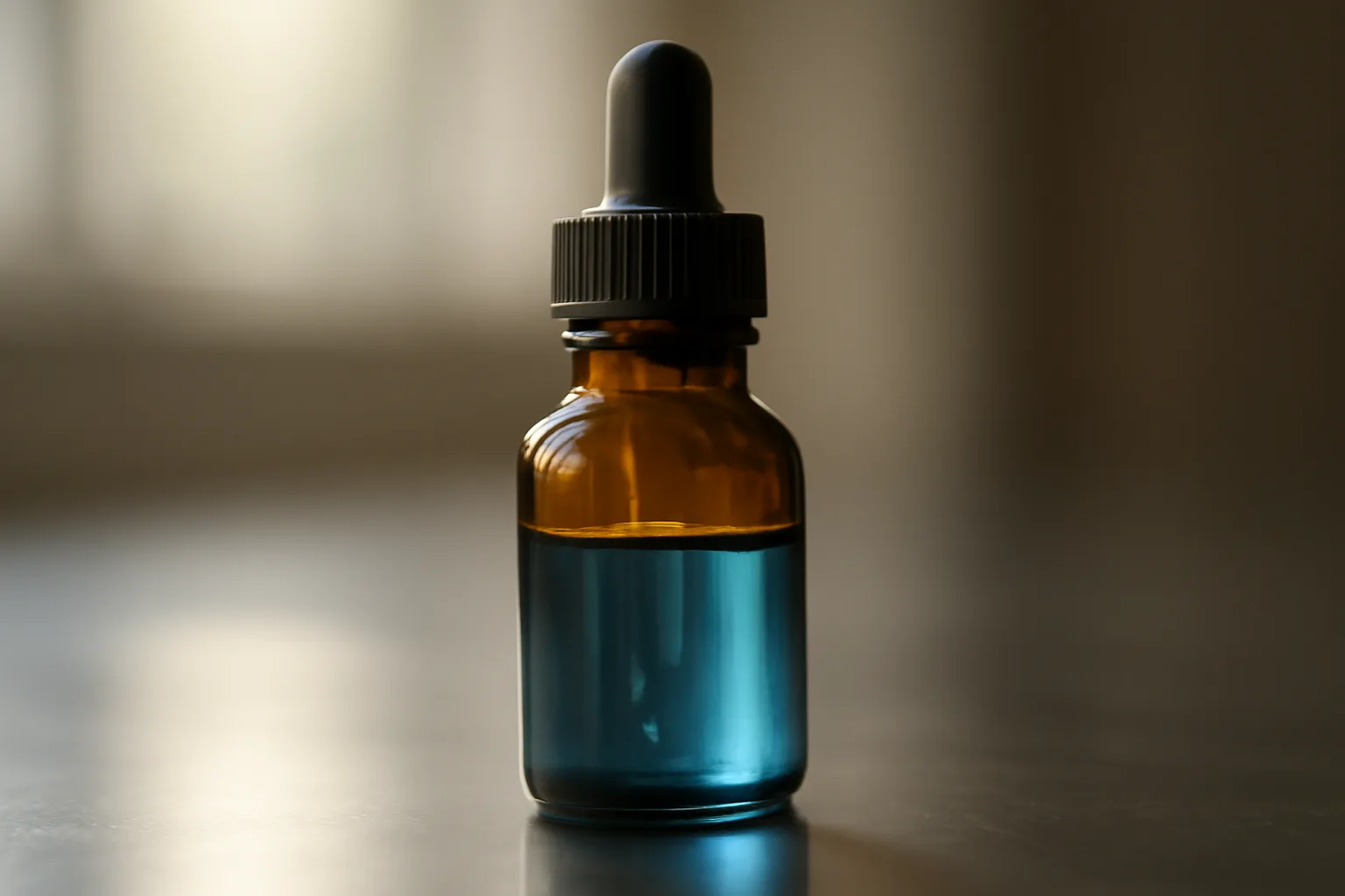 Amber dropper bottle with blue-tinted liquid representing a GHK-Cu topical serum on a lab bench