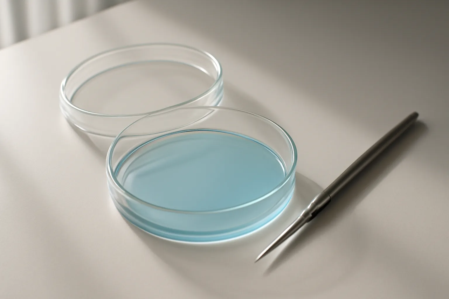 Laboratory petri dish with pale-blue liquid and precision pipette on benchtop