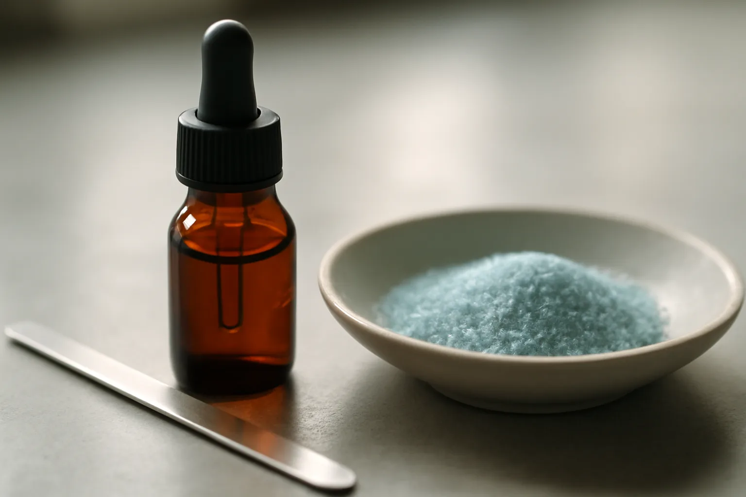Amber vial and copper-toned powder on a lab bench representing GHK-Cu peptide research