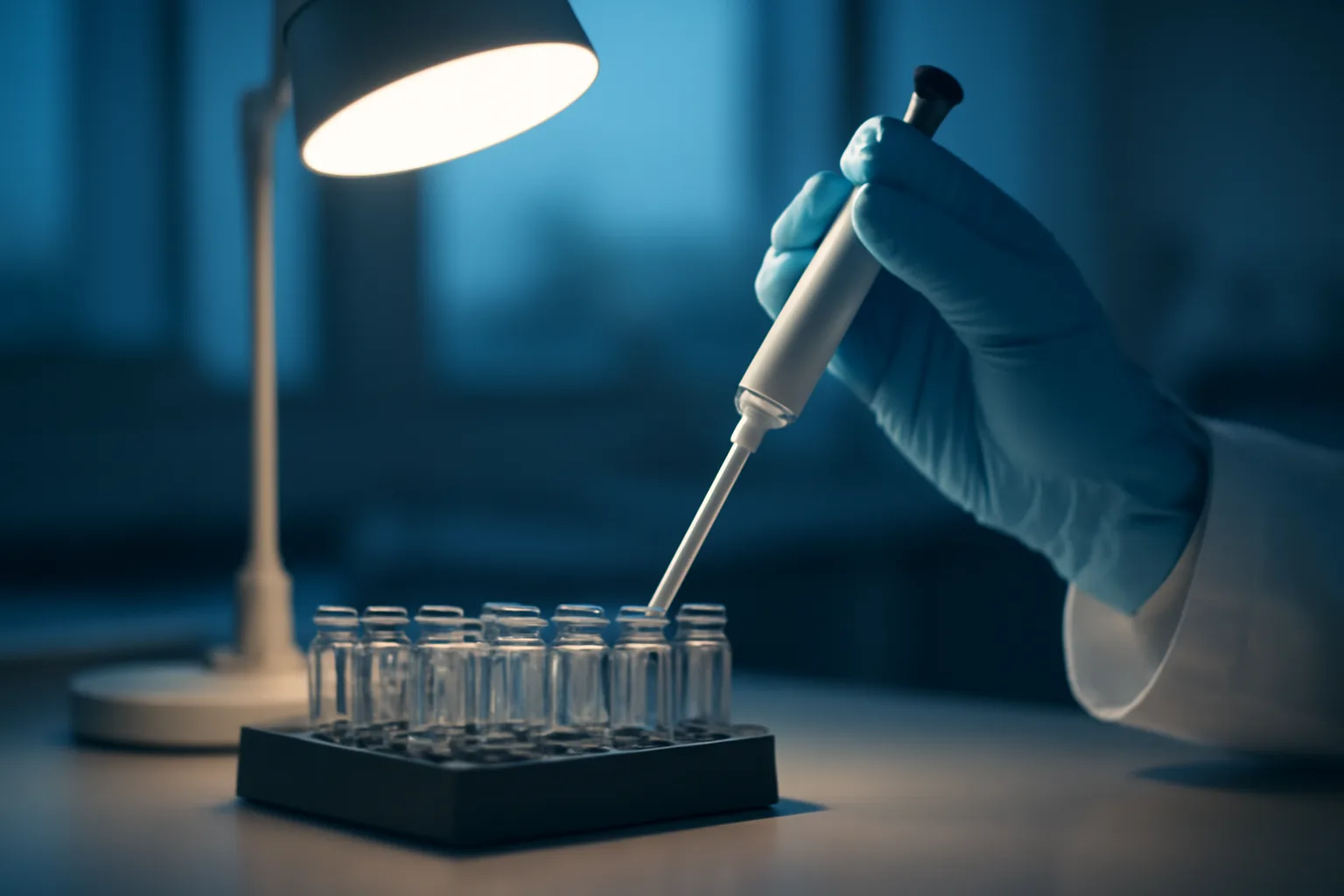 Researcher's gloved hand pipetting in a lab studying copper peptide safety
