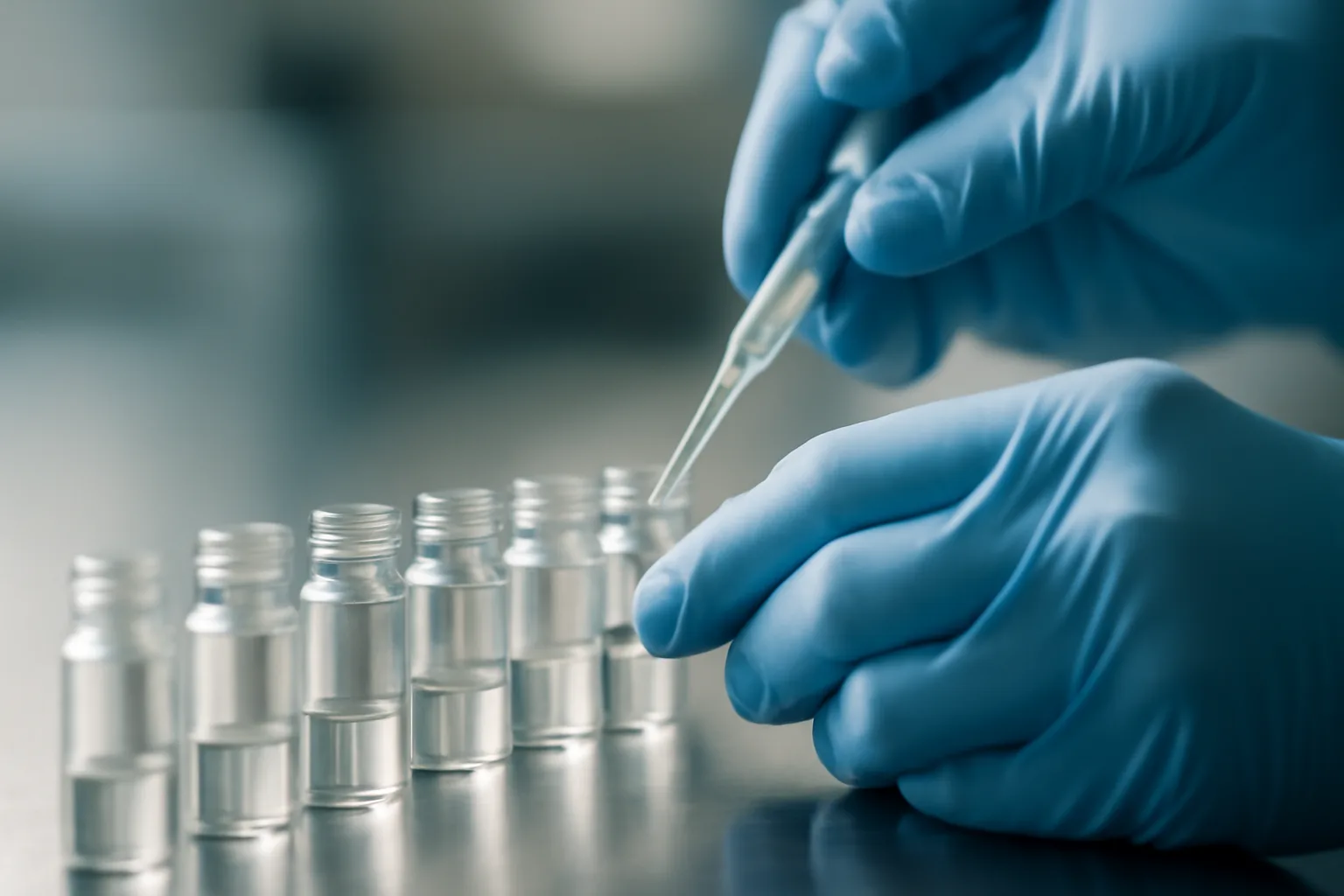 Gloved hands pipetting liquid into lab vials during copper peptide research testing