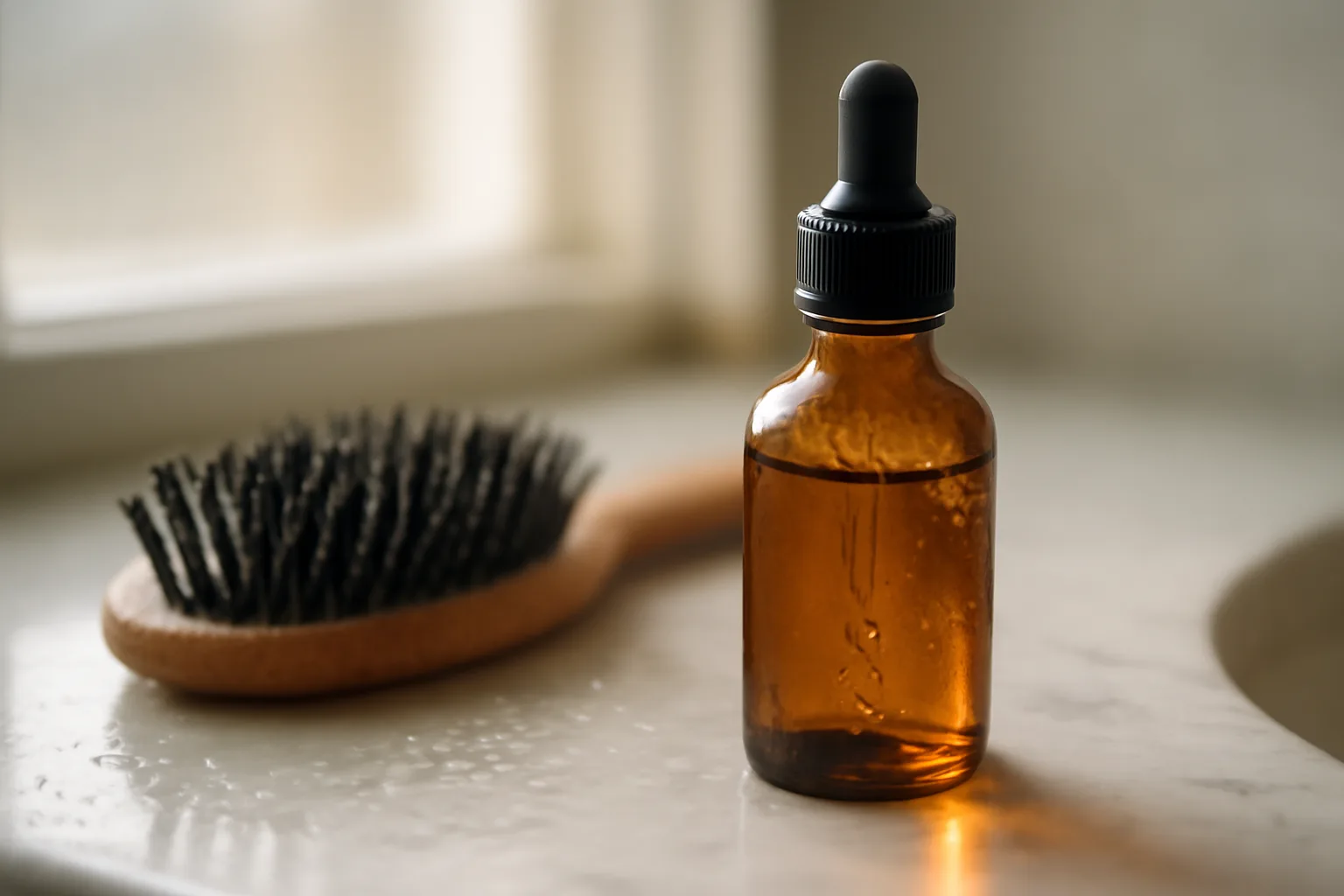 Amber dropper bottle and hairbrush on a bathroom counter in soft light