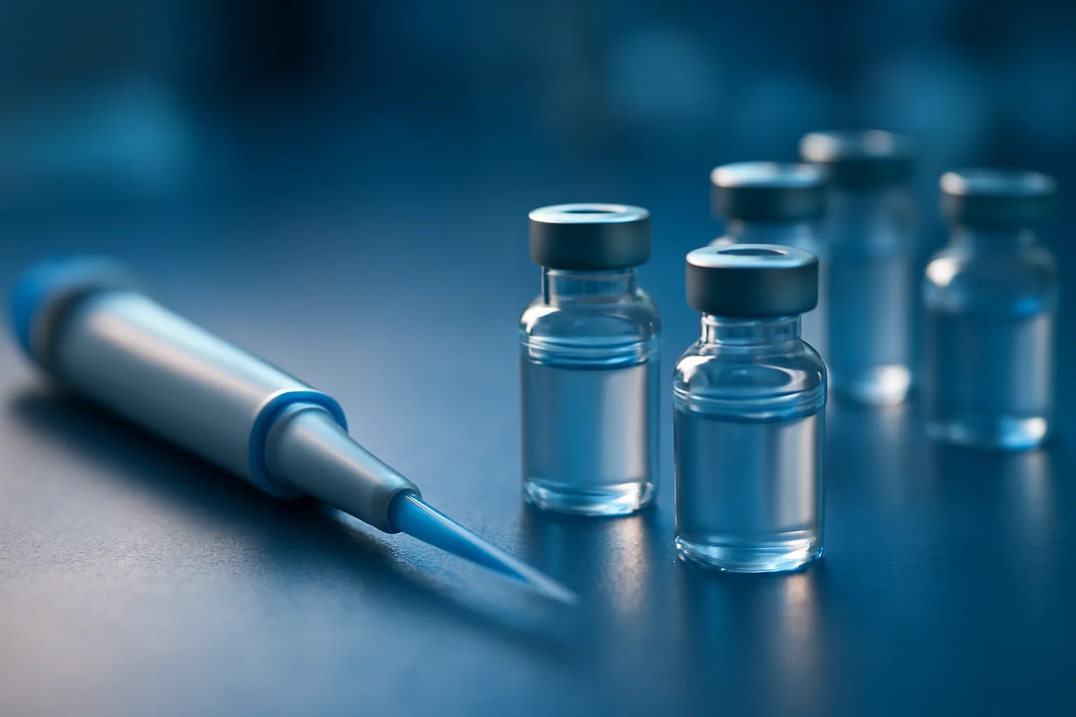 Lab vials and pipette on a bench, evoking copper peptide hair growth research