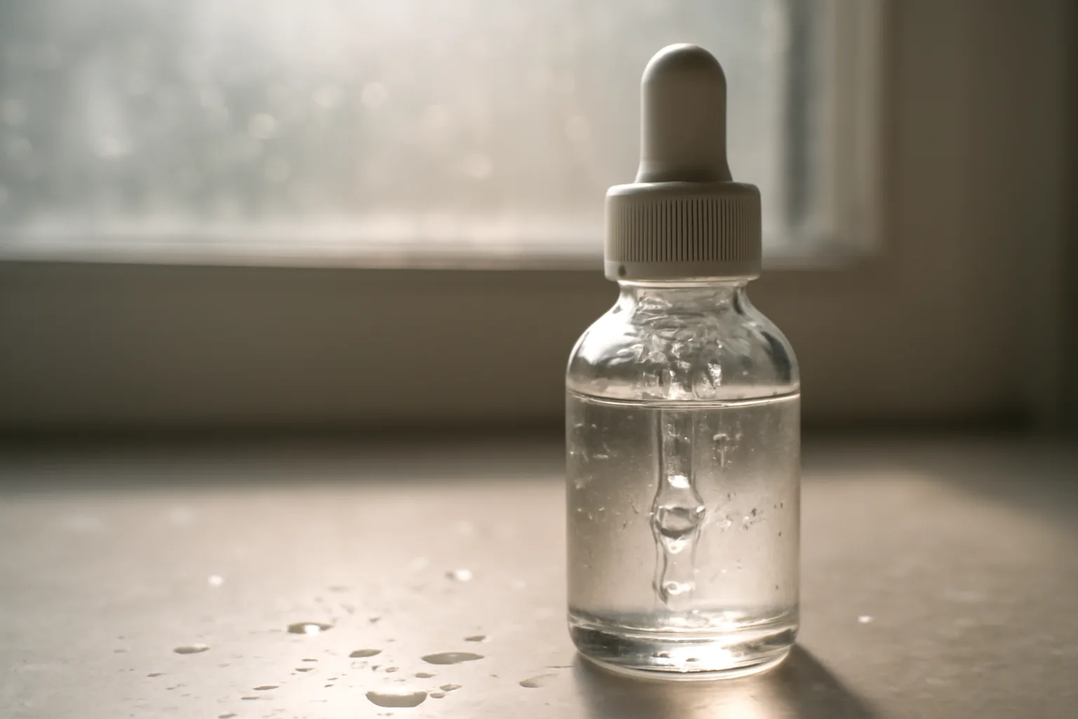 Dropper bottle of clear serum in soft morning light on a bathroom counter