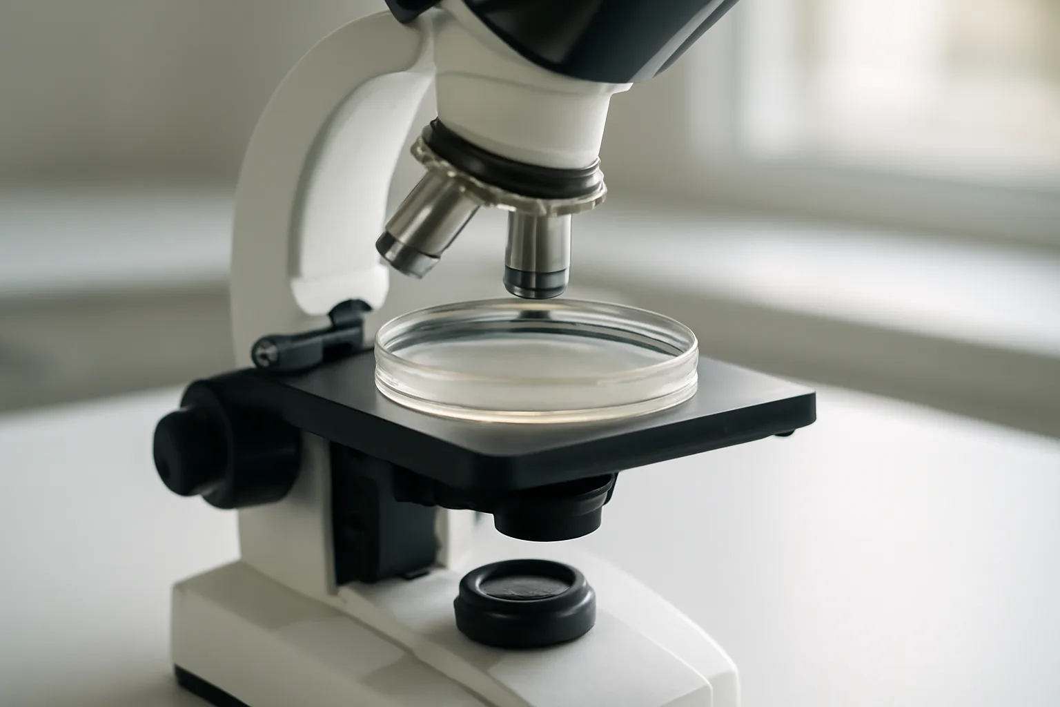Cell culture dish under microscope for stem cell and copper peptide research