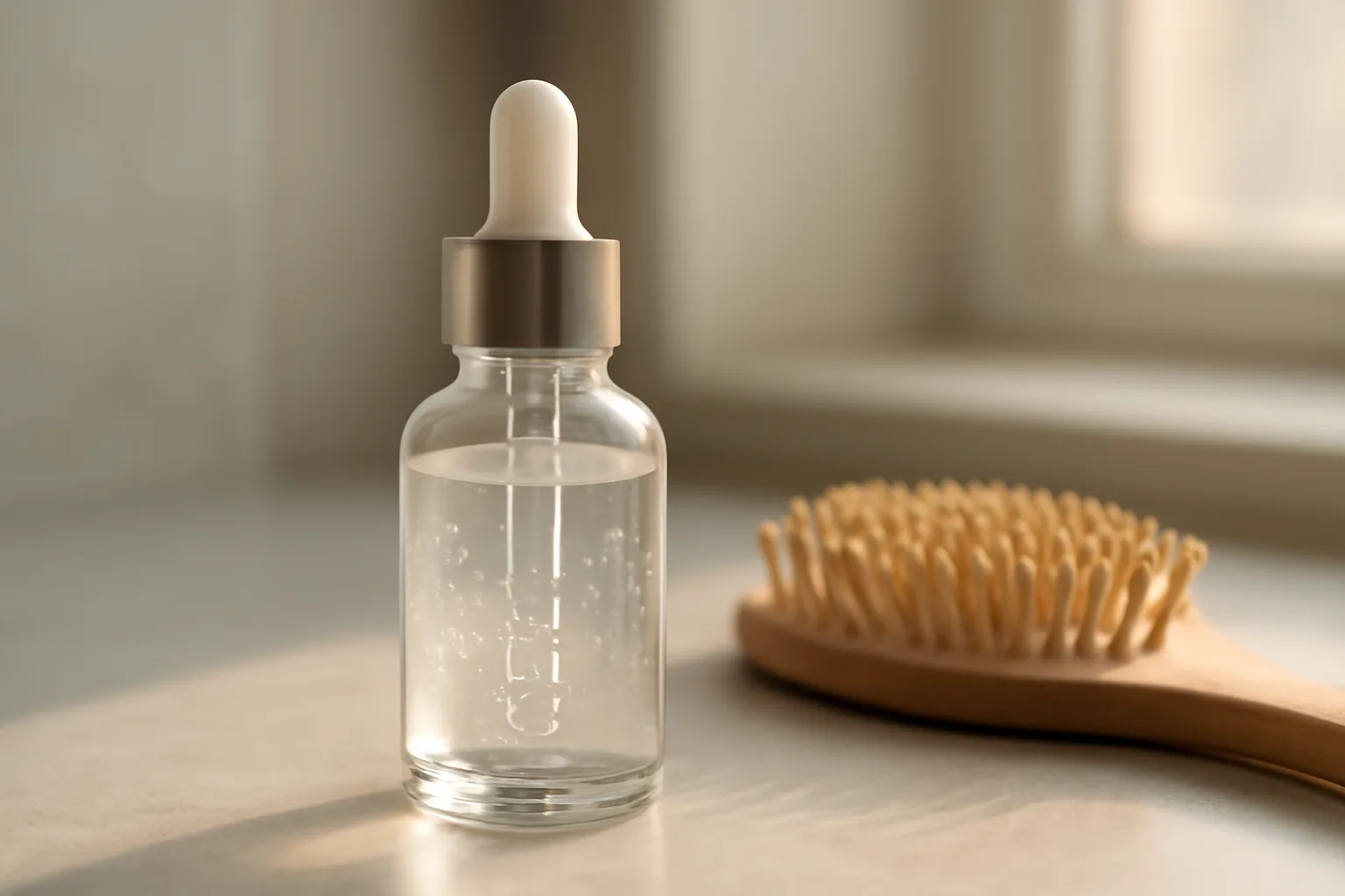 Dropper serum bottle and hairbrush on counter representing copper peptides for hair growth