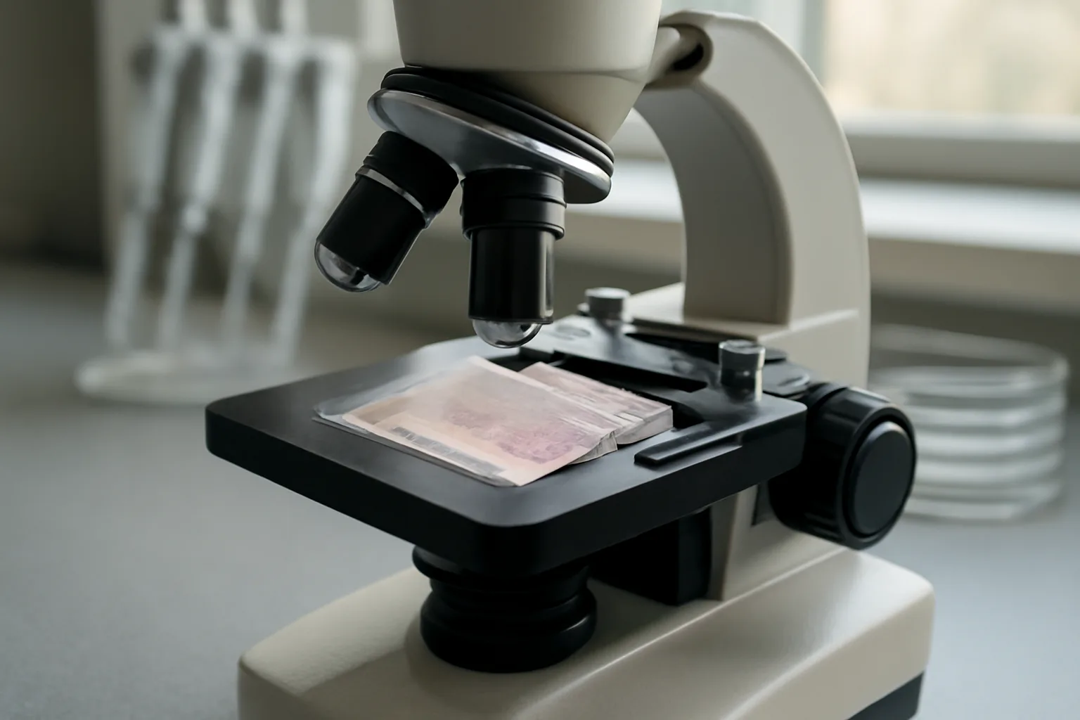 Microscopic skin tissue sample showing dermal layers under laboratory analysis