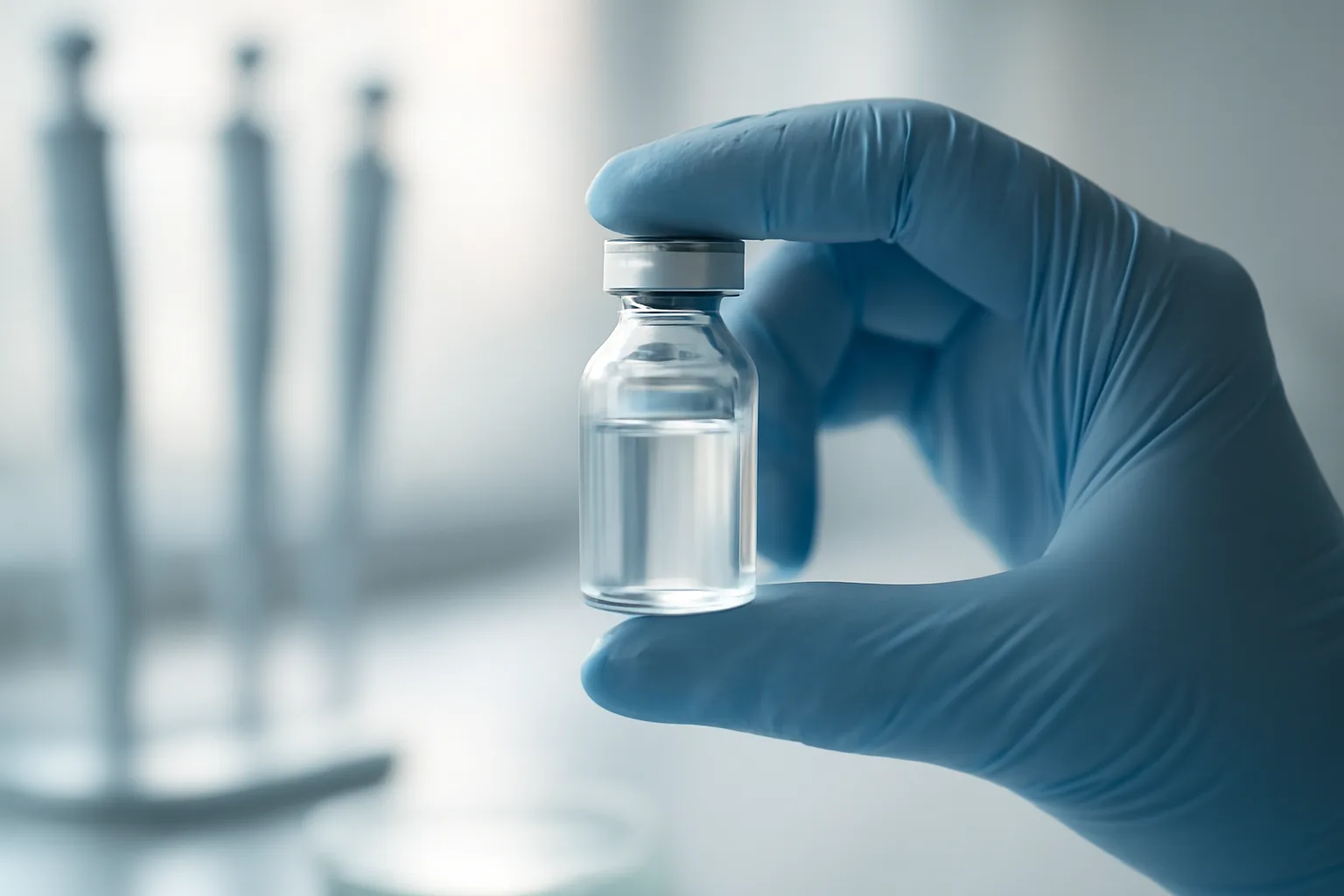 Gloved hand holding a glass vial in a lab, researching copper peptides for hair growth