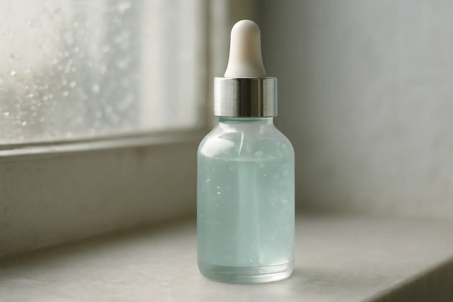 Blue-green copper peptide serum dropper bottle on a sunlit bathroom counter