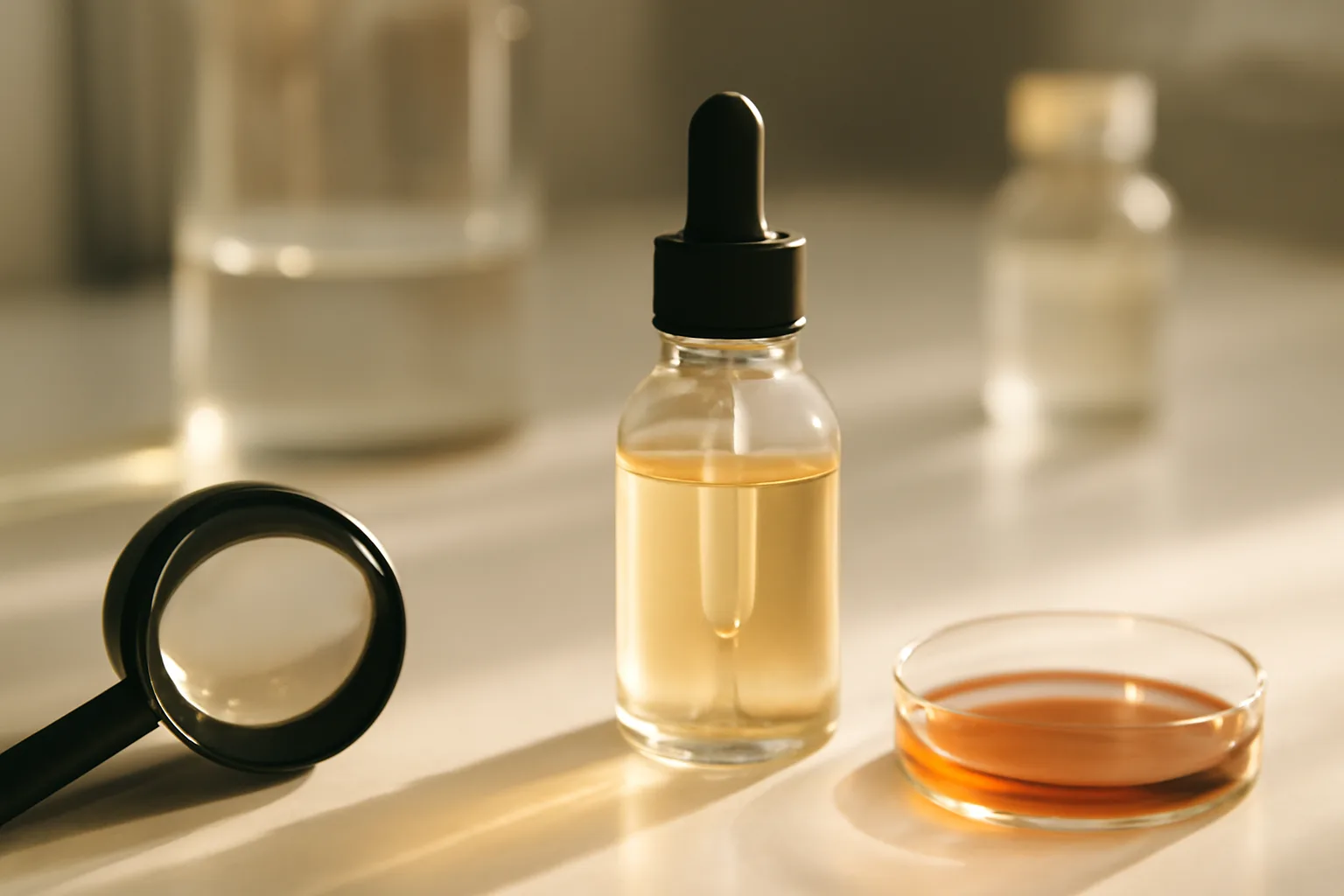Lab bench scene with dropper bottle and copper-toned liquid, evoking copper peptide hair growth research