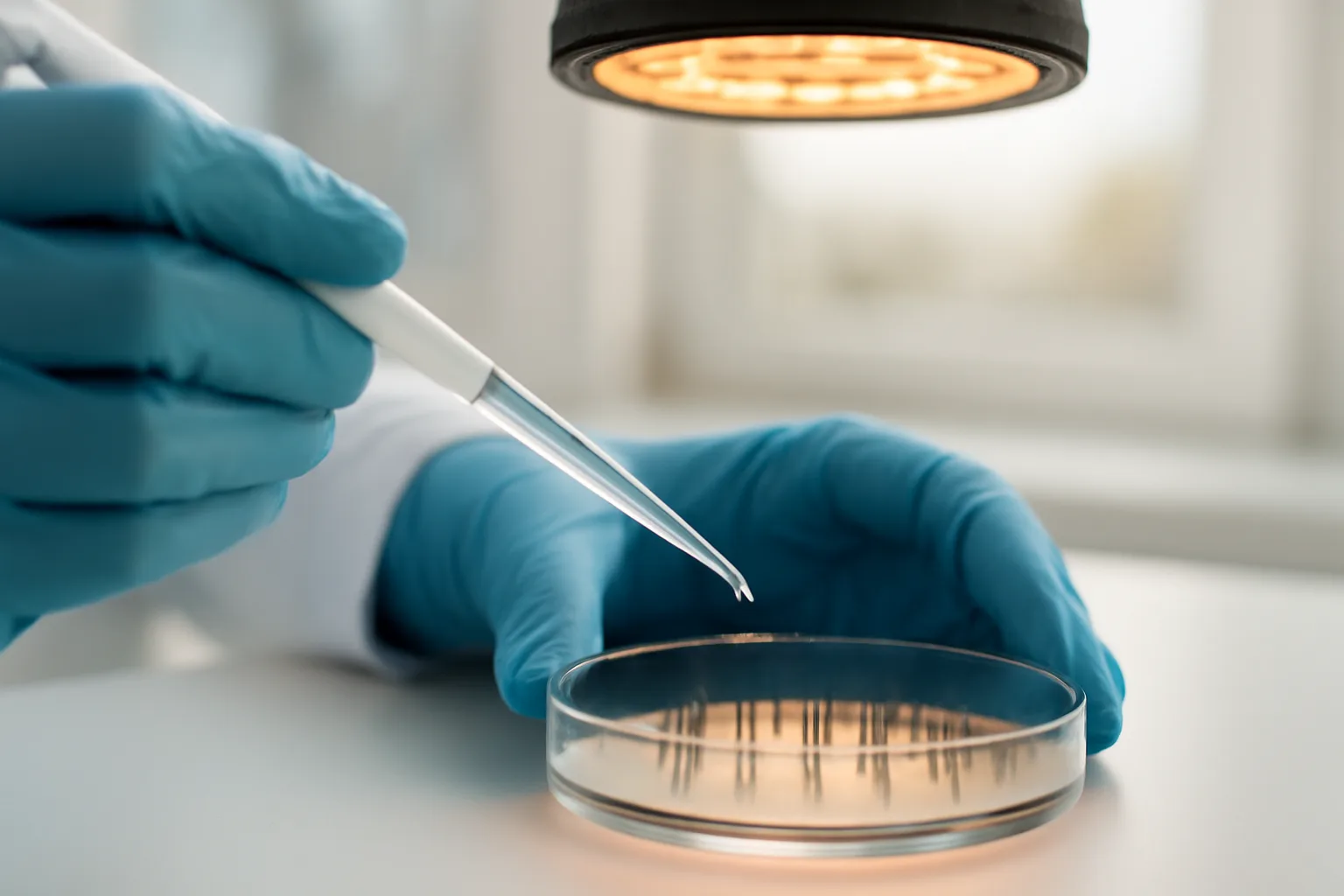 Researcher pipetting solution into cultured hair follicle dish in laboratory