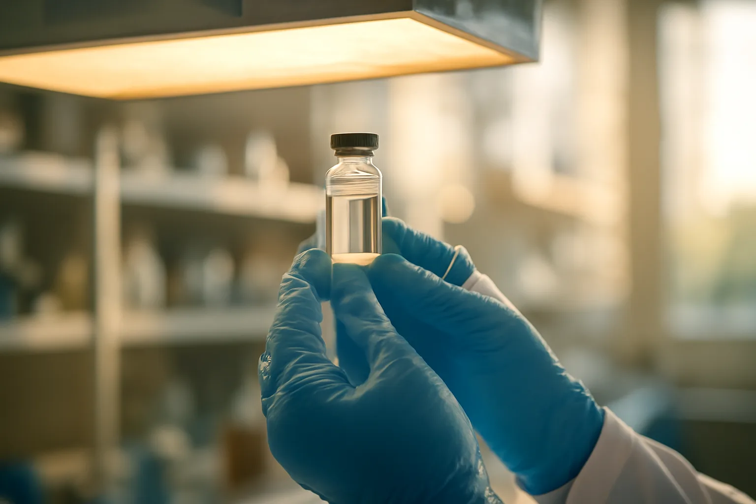 Gloved hands examining a clear liquid vial under laboratory light, researching copper peptides