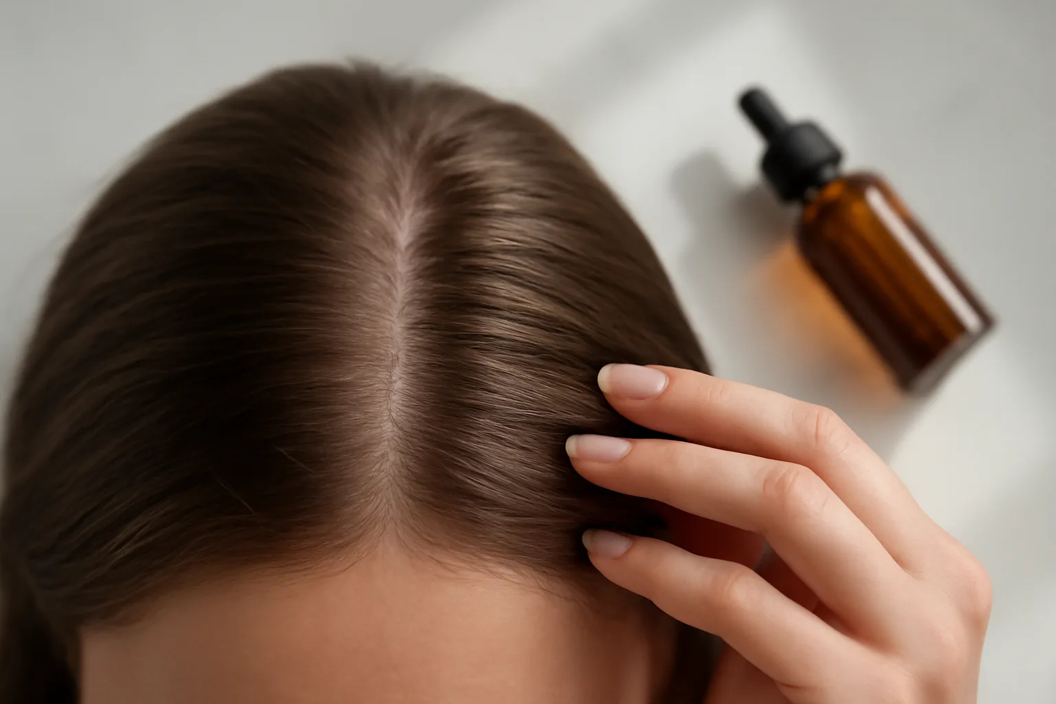 Person examining scalp and hair follicles with dropper bottle on counter