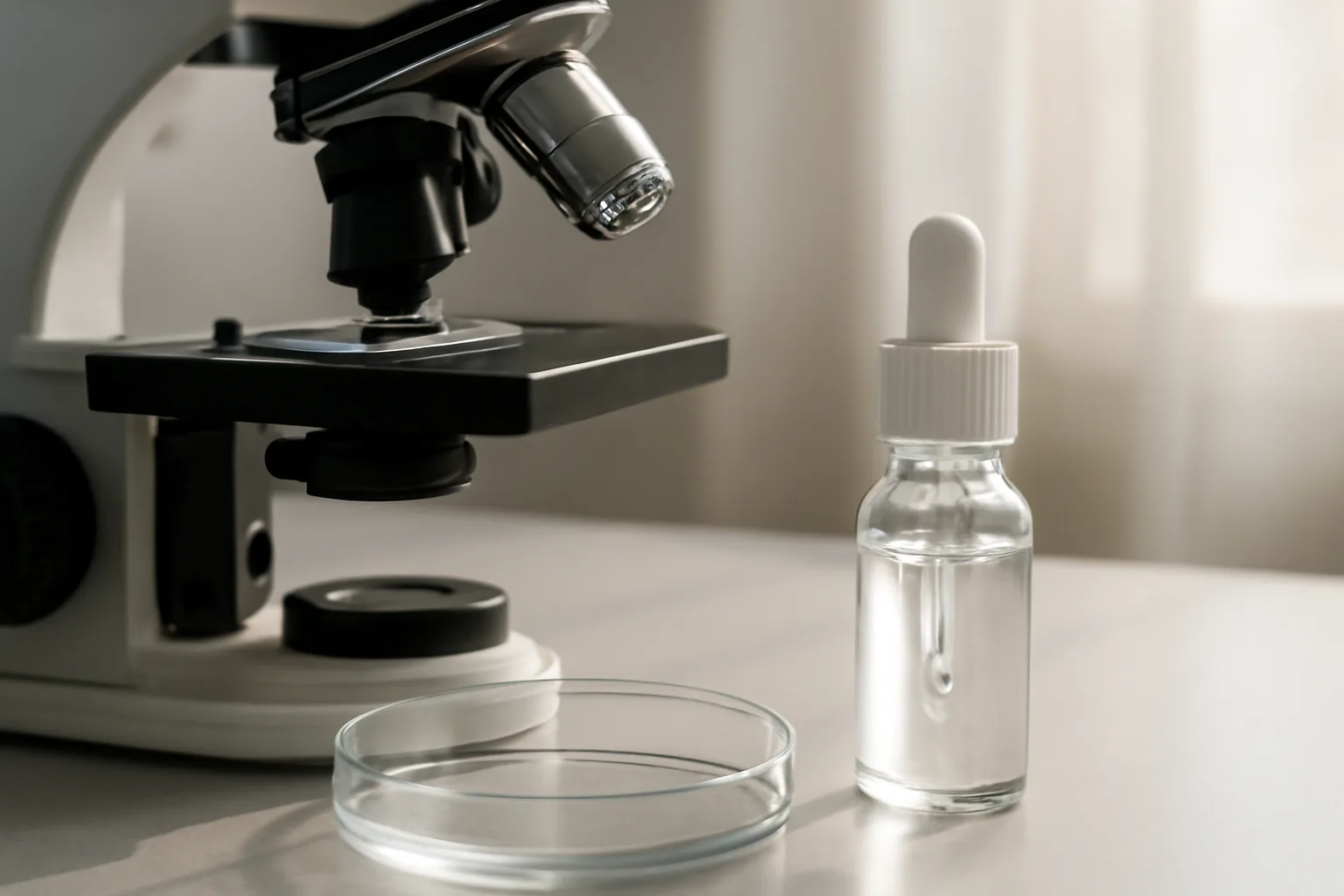 Lab dropper bottle and petri dish evoking copper peptide hair research setting