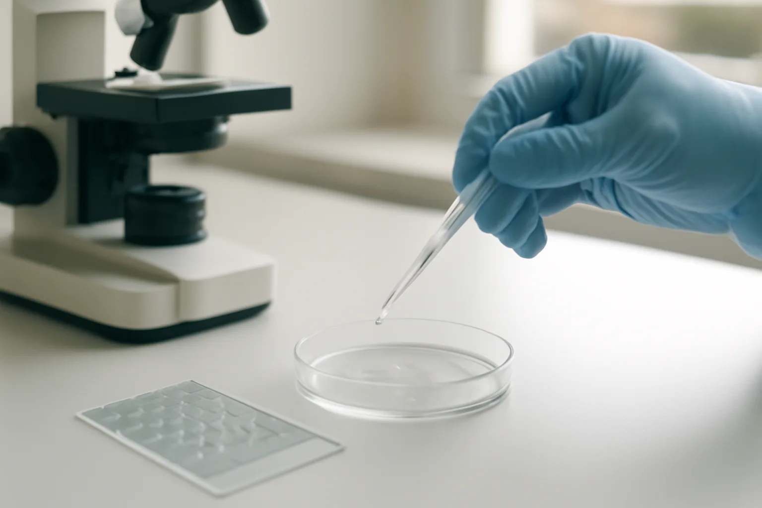 Cultured fibroblast cells under microscope with serum application in lab setting