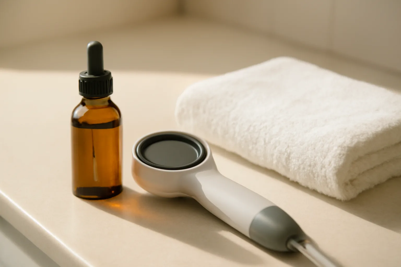 Dermatology countertop scene evoking research into copper peptide for hair growth