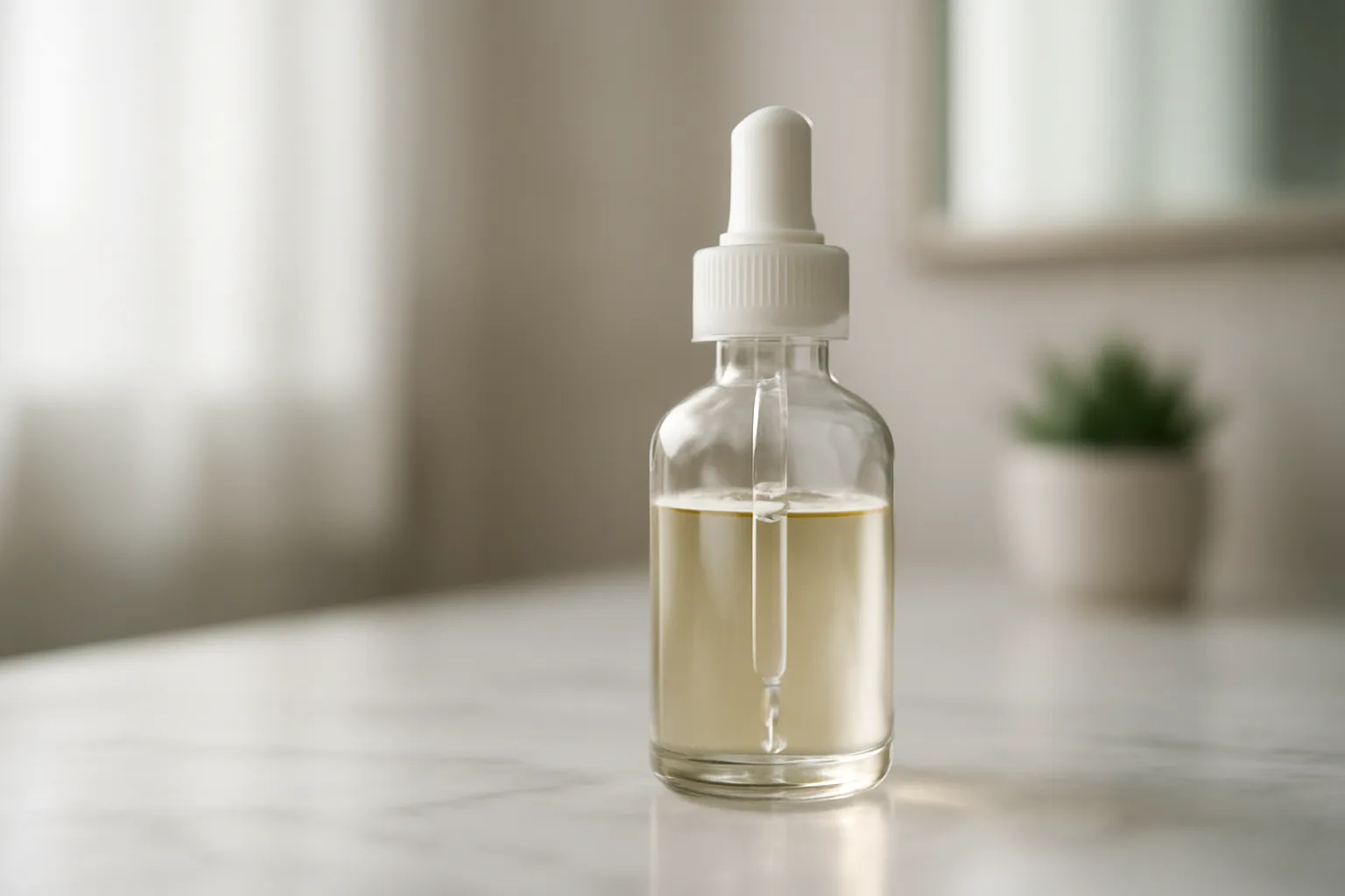 GHK-Cu serum bottle on marble countertop with natural light