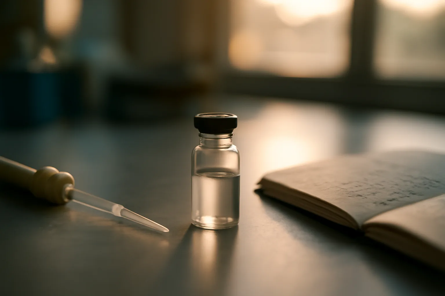 Lab bench scene with vial and pipette representing copper peptide research evidence